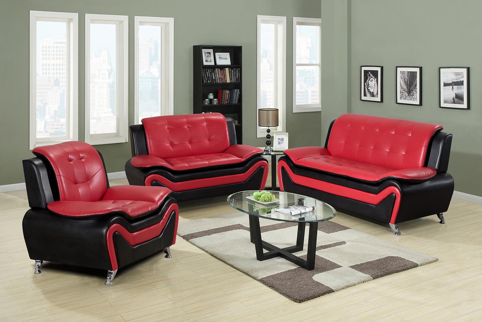 Contemporary, Modern Sofa Set HH8162 HH8162-Set-3 in Black, Red Polyurethane