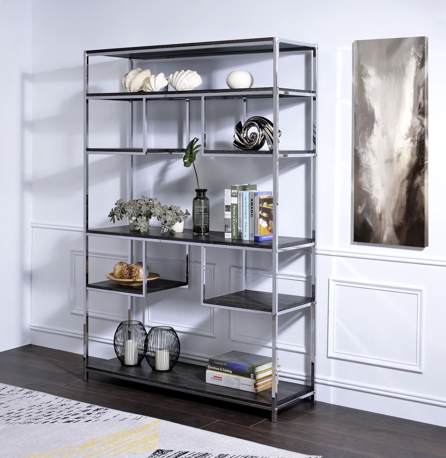 

    
Home Office Bookshelf Gray Oak & Chrome by Acme Vonara 92657
