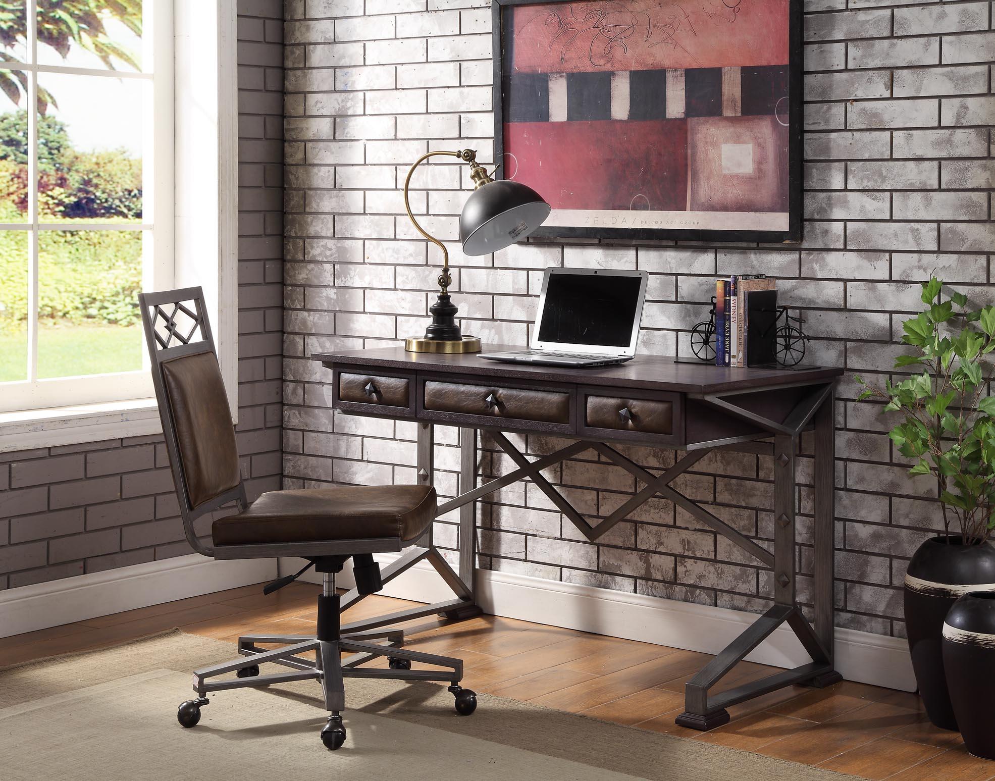 Contemporary, Modern Home Office Set 92955 92955 Set-2 in Brown, Metal Leather