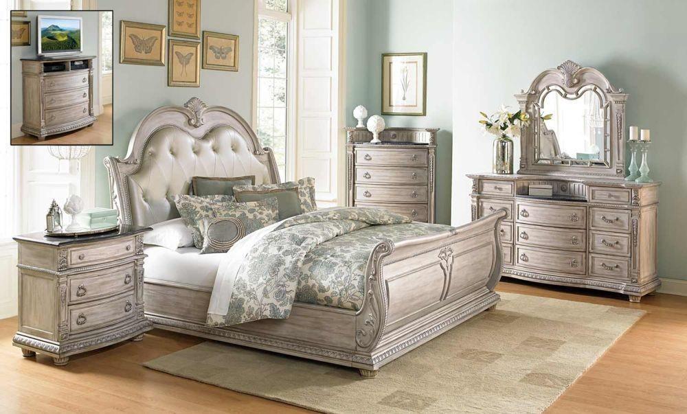 Classic, Traditional Sleigh Bedroom Set Palace II 1394N-1 Palace II 1394N-1-Q-Set-4 in Antique White, Pearl White Bonded Leather