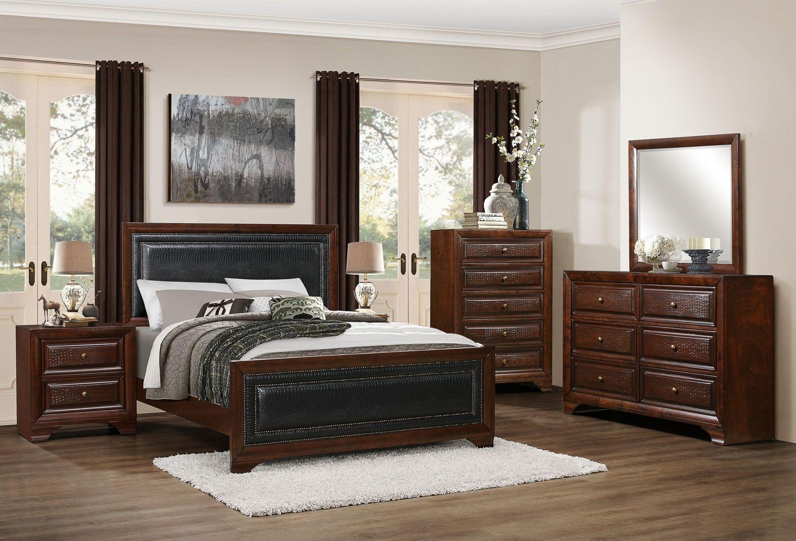 Traditional, Transitional Platform Bedroom Set Owens  1857-1 Owens-1857-1-Q-Set-4 in Cherry Finish Faux Leather