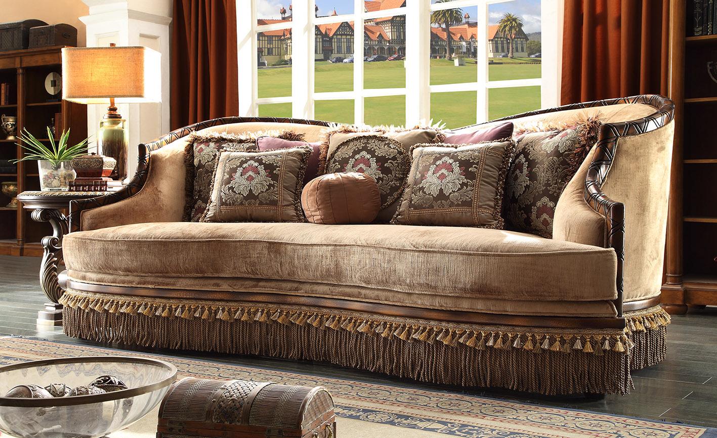 Traditional Sofa HD-1631 HD-S1631 in Mahogany, Beige Fabric