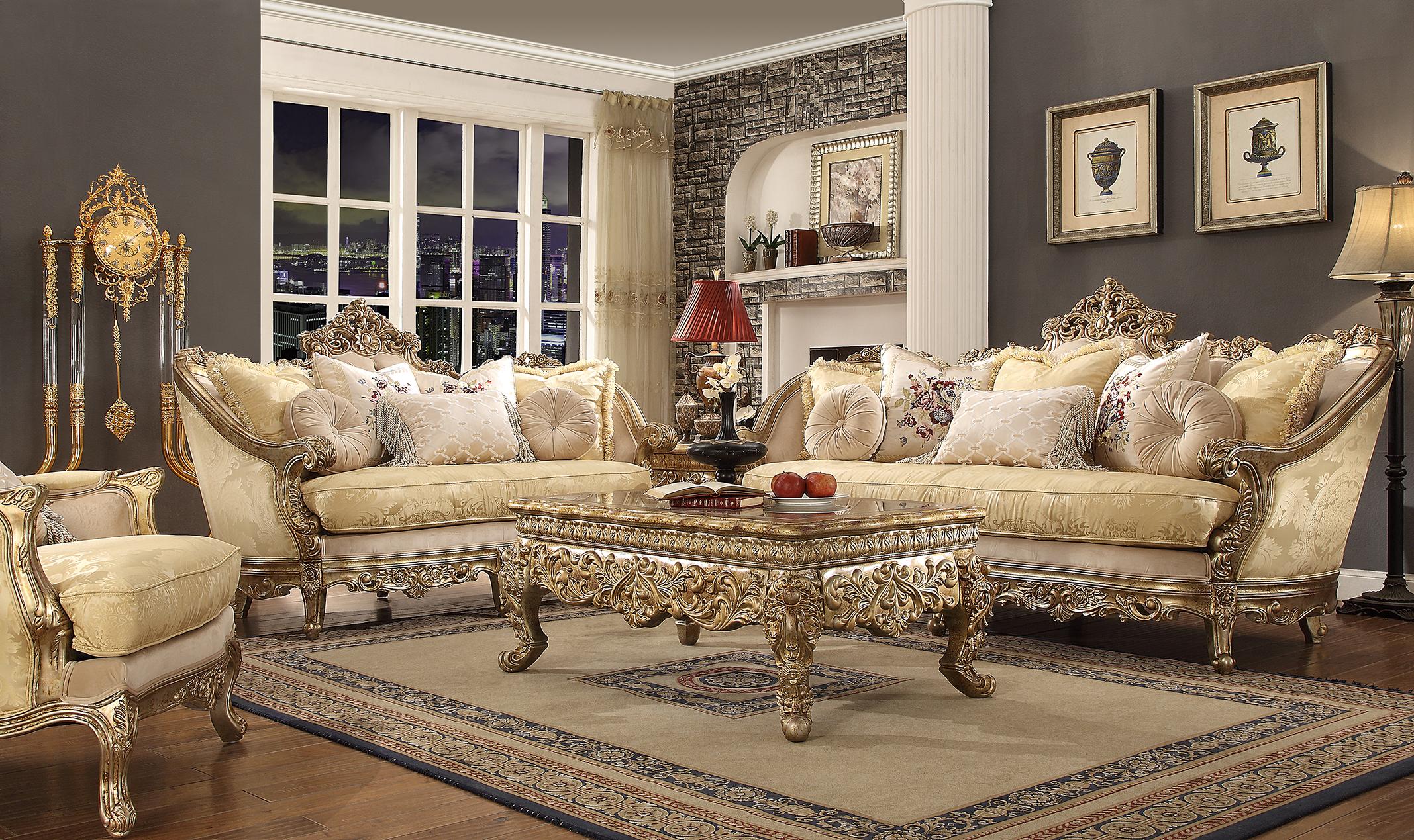 

    
Luxury Gold Champagne Living Room Set 4Pcs Homey Design HD-2626 Traditional
