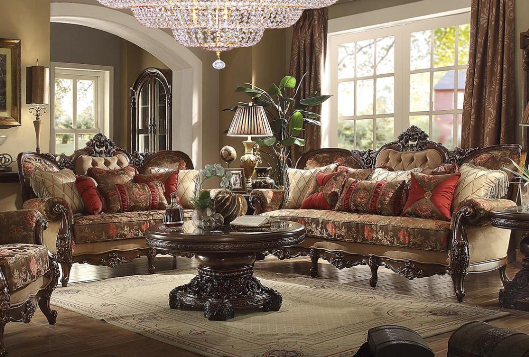 

    
Dark Oak & Floral Chenille Sofa Set 2Pcs Traditional Homey Design HD-39
