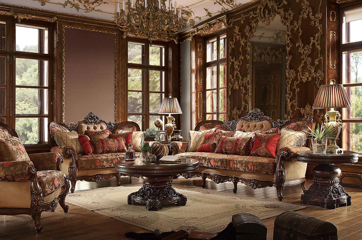 Traditional Sofa Set HD-39 HD-39-SSET3 in Burgundy, Brown Fabric