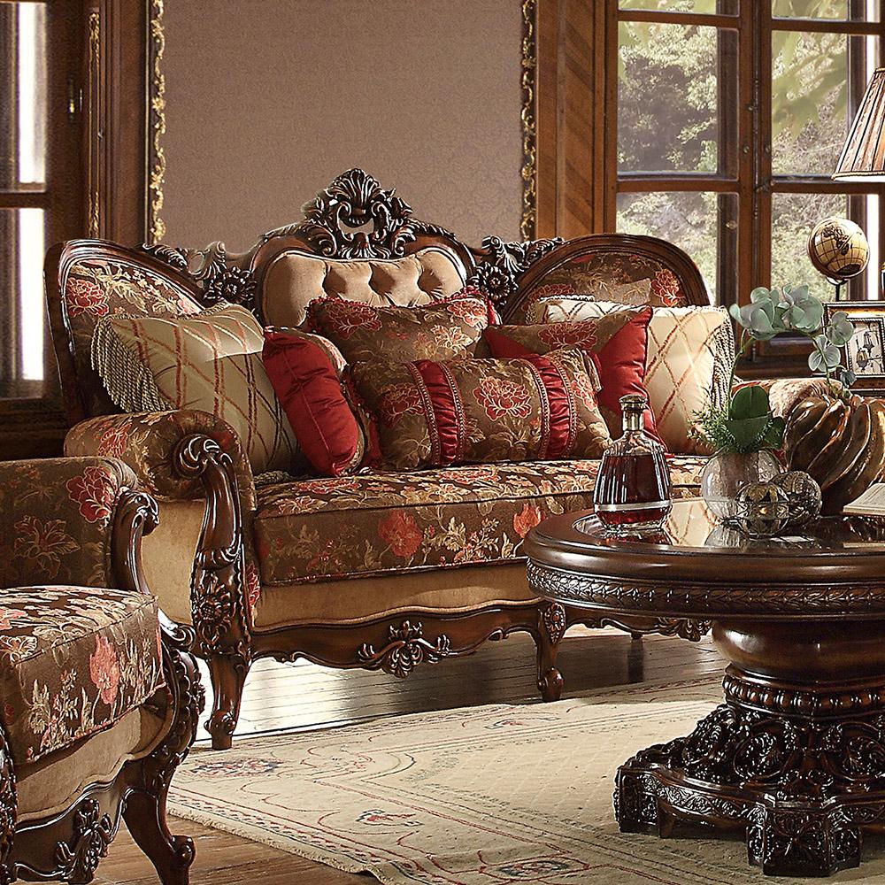 

    
Dark Oak & Floral Chenille Loveseat Traditional Homey Design HD-39
