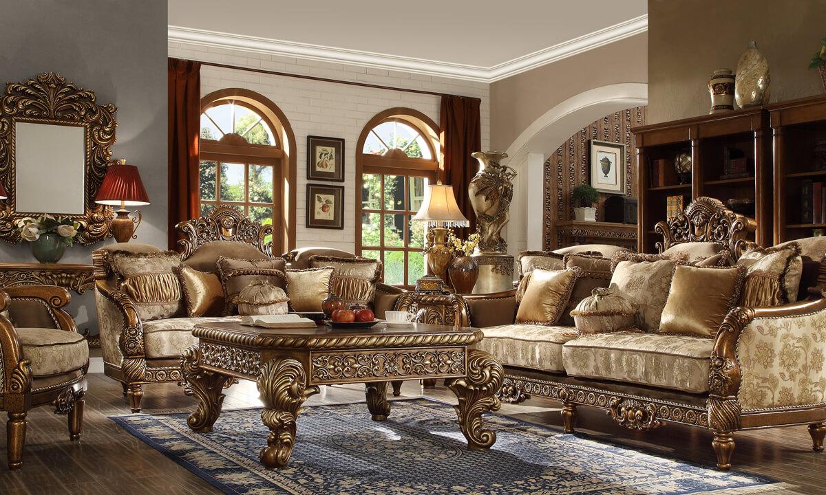 

    
Metallic Antique Gold Floral Pattern Sofa Set 3Pcs Traditional Homey Design HD-610
