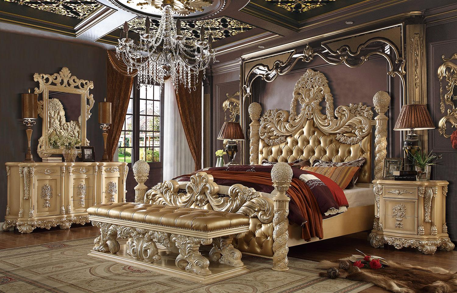 Traditional Poster Bedroom Set HD-7266 – CK 5PC BEDROOM SET HD-7266-BSET5-CK in Khaki, Gold Leather