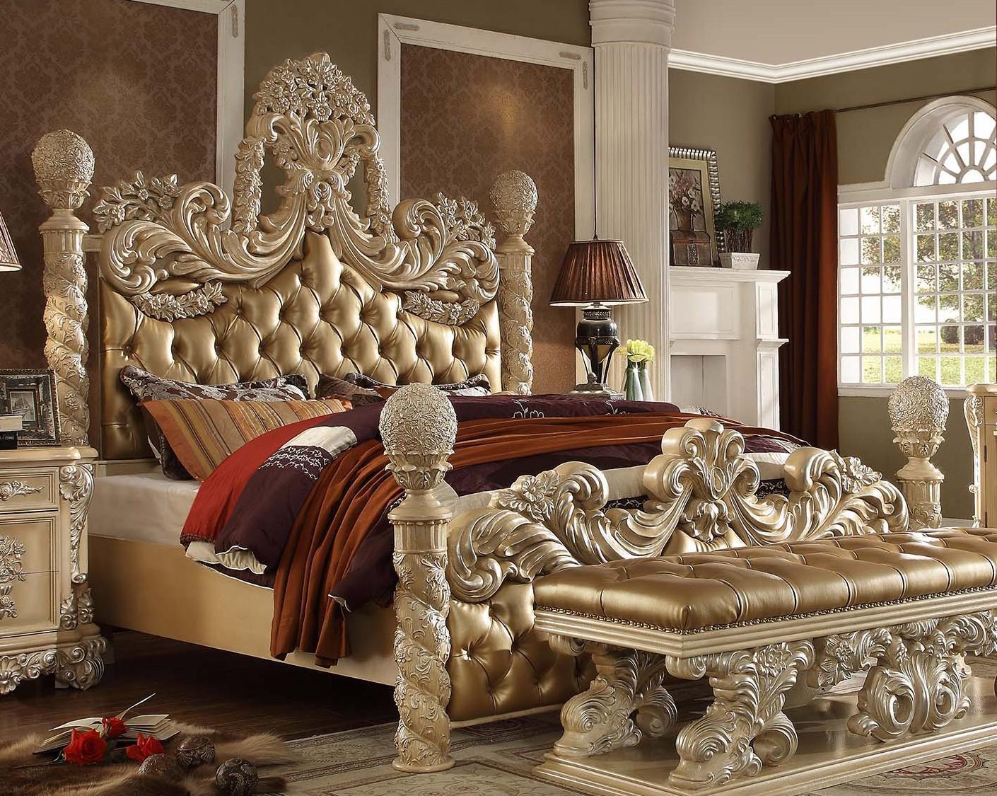 Traditional Poster Bed HD-7266 HD-7266-EKBD in Khaki, Gold Leather