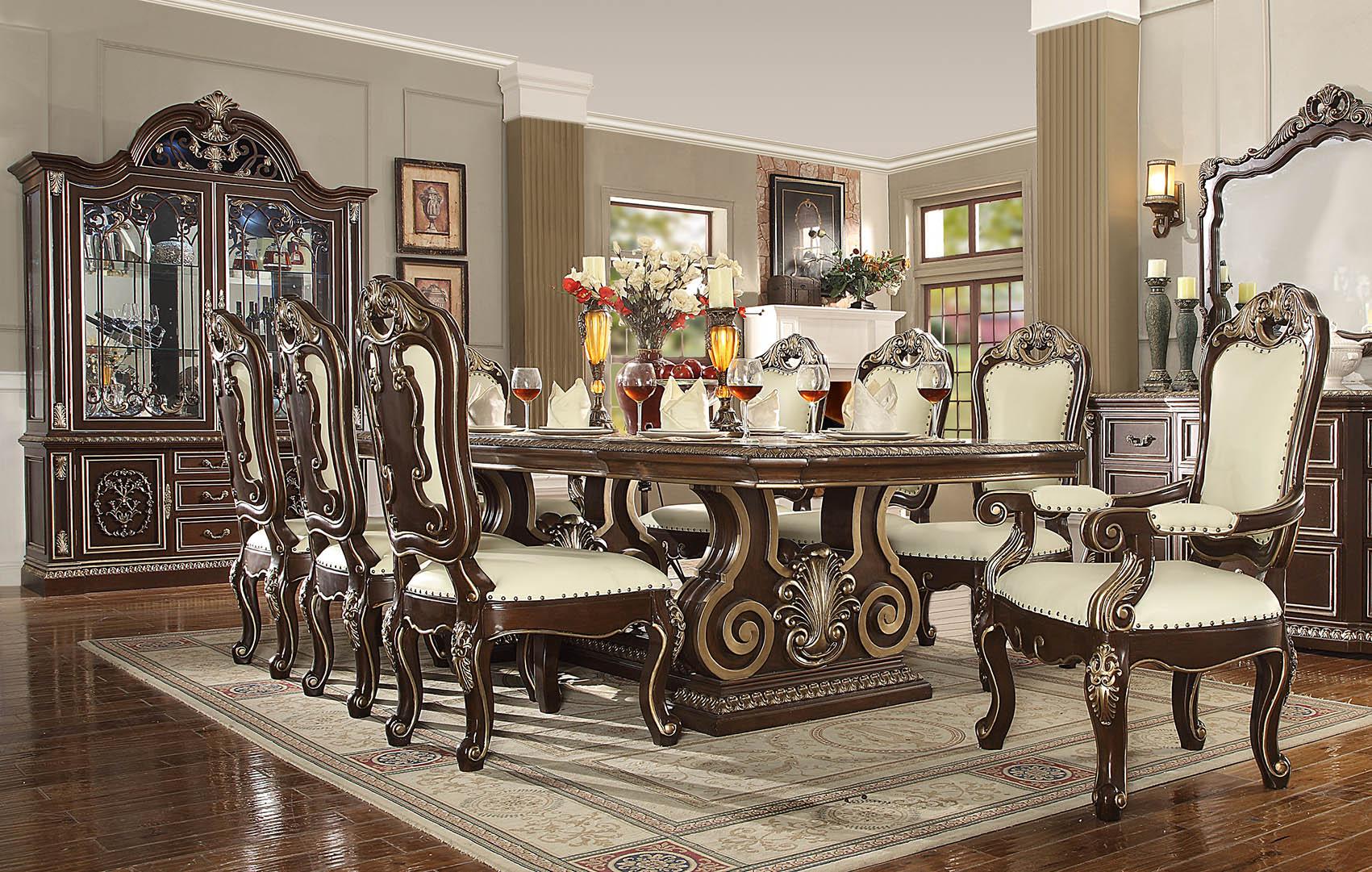 Traditional Dining Room Set HD-8013 HD-D8013-8PC in Dark Cherry, Ivory Faux Leather
