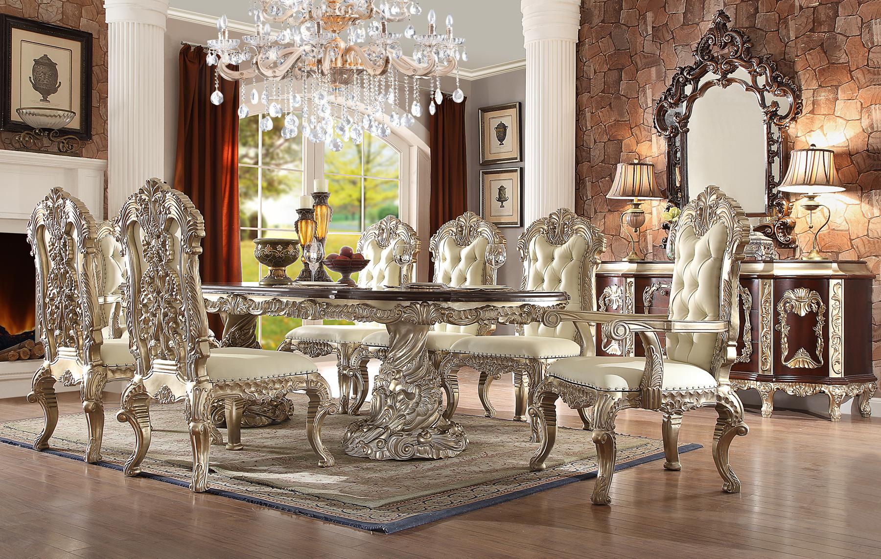 Traditional Dining Table Set HD-8017 HD-8017-DT-11PC in Antique White, Cherry, Silver 