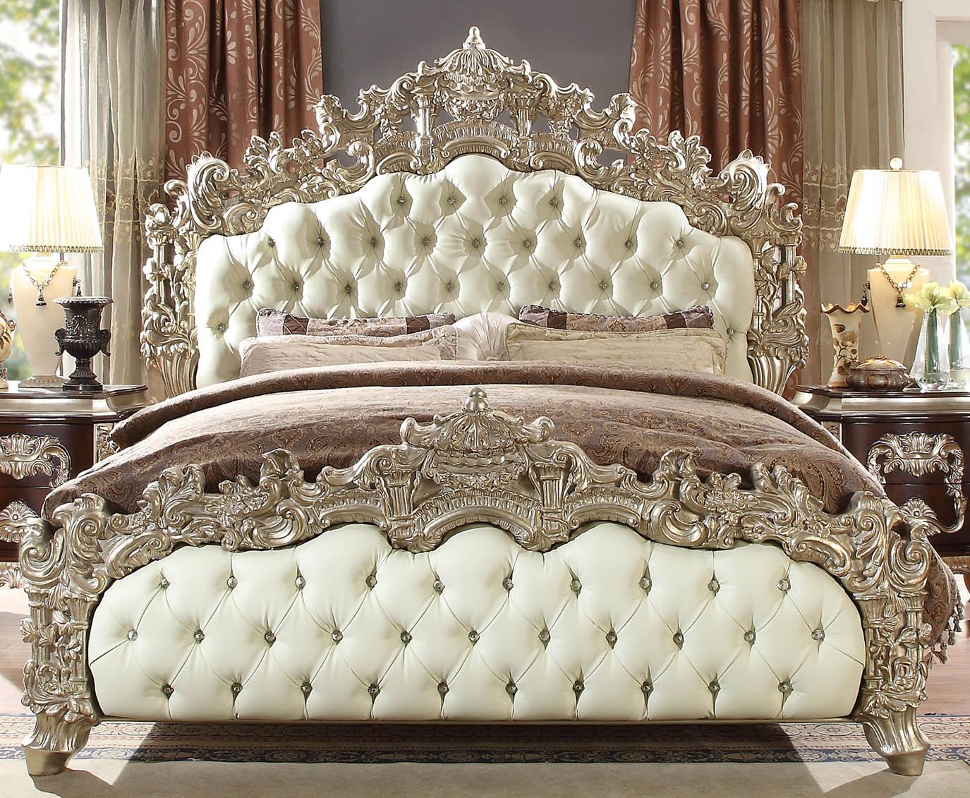 Traditional Panel Bed HD-8017 HD-8017 – EK BED in Antique Silver, Antique White Leather