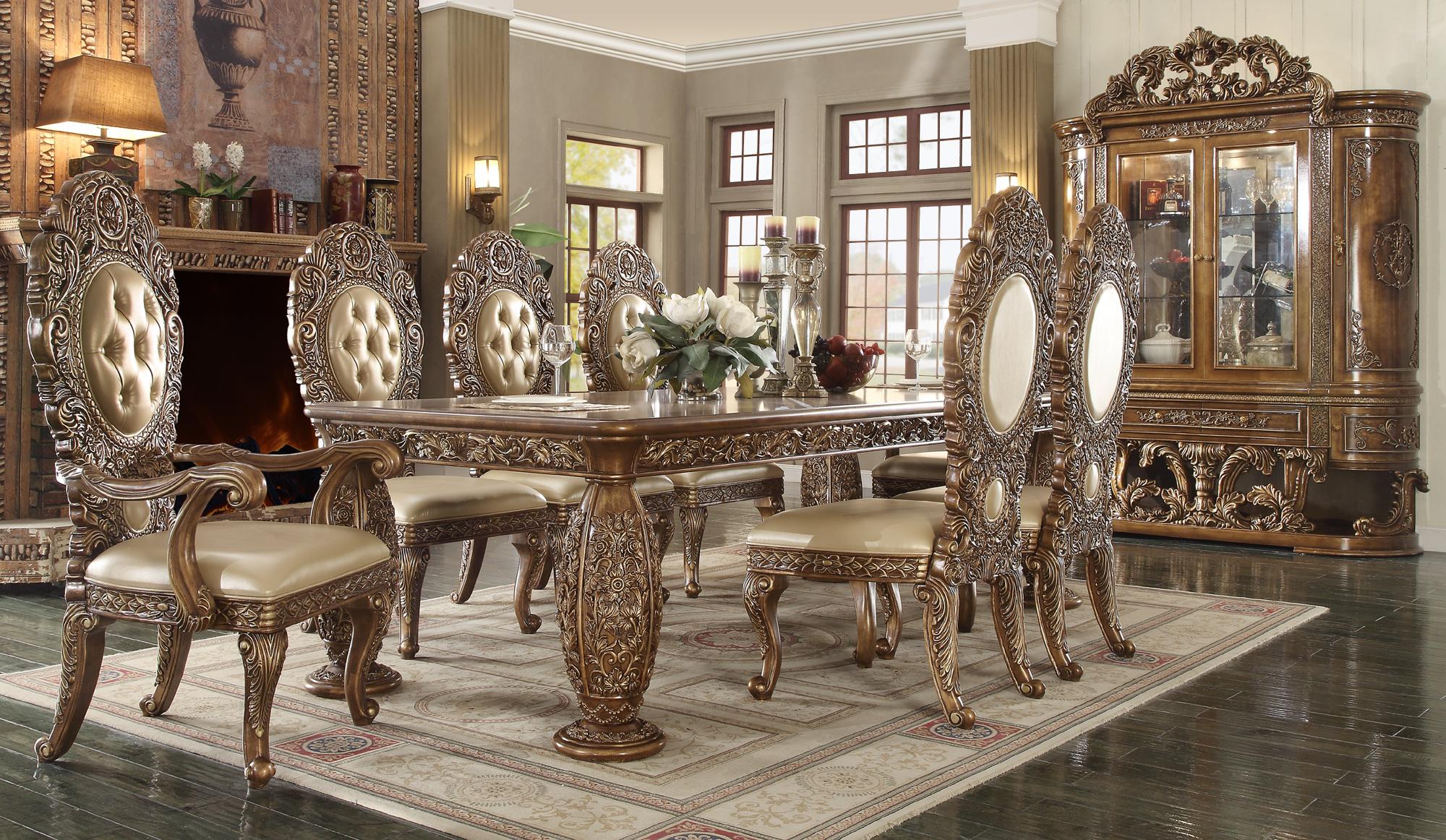 Traditional Dining Table Set HD-8018 – DINING TABLE SET HD-8018-10PC in Golden Brown Faux Leather