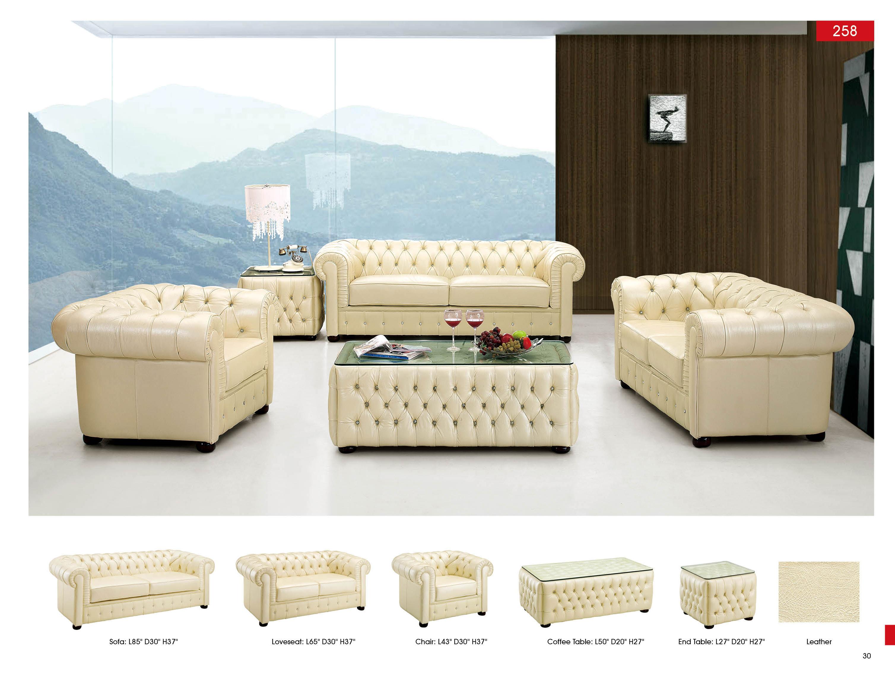 Contemporary Sofa Loveseat Chair and Coffee Table 258 ESF 258-4PC in Ivory Leather