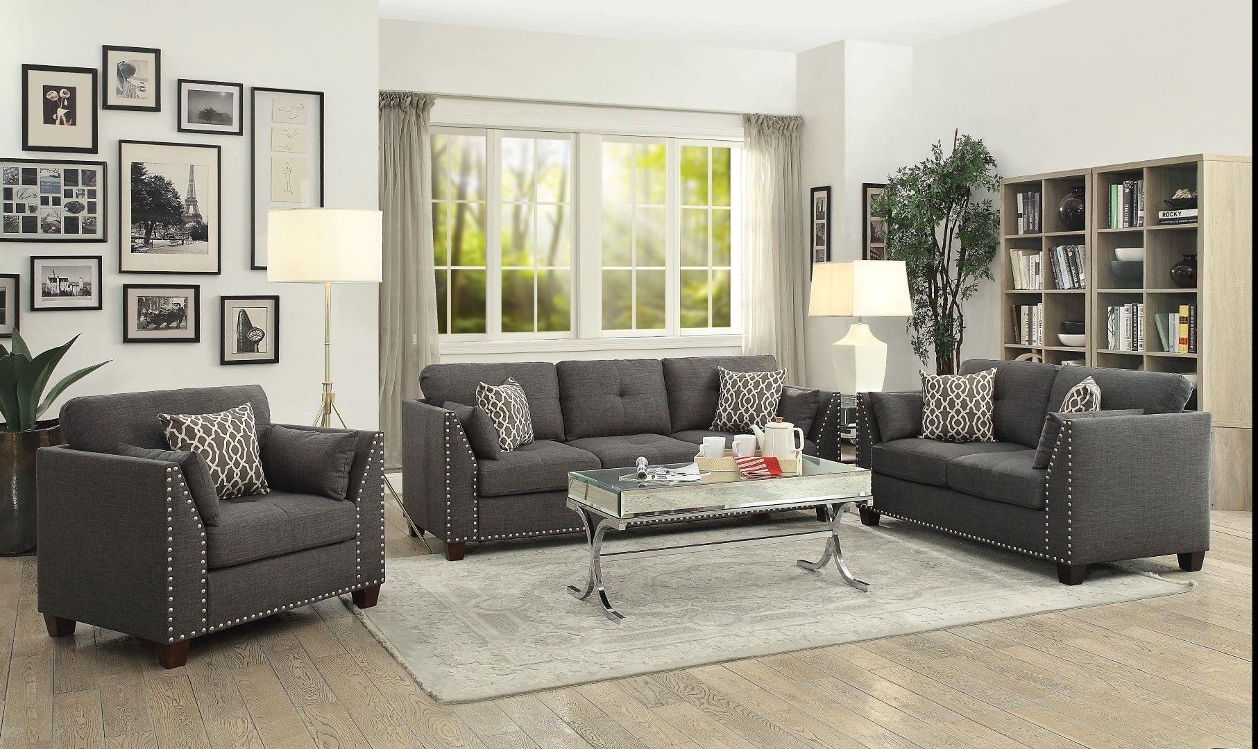 

    
Light Charcoal Linen Tufted Sofa Set 3Ps 52405 Laurissa Acme Transitional

