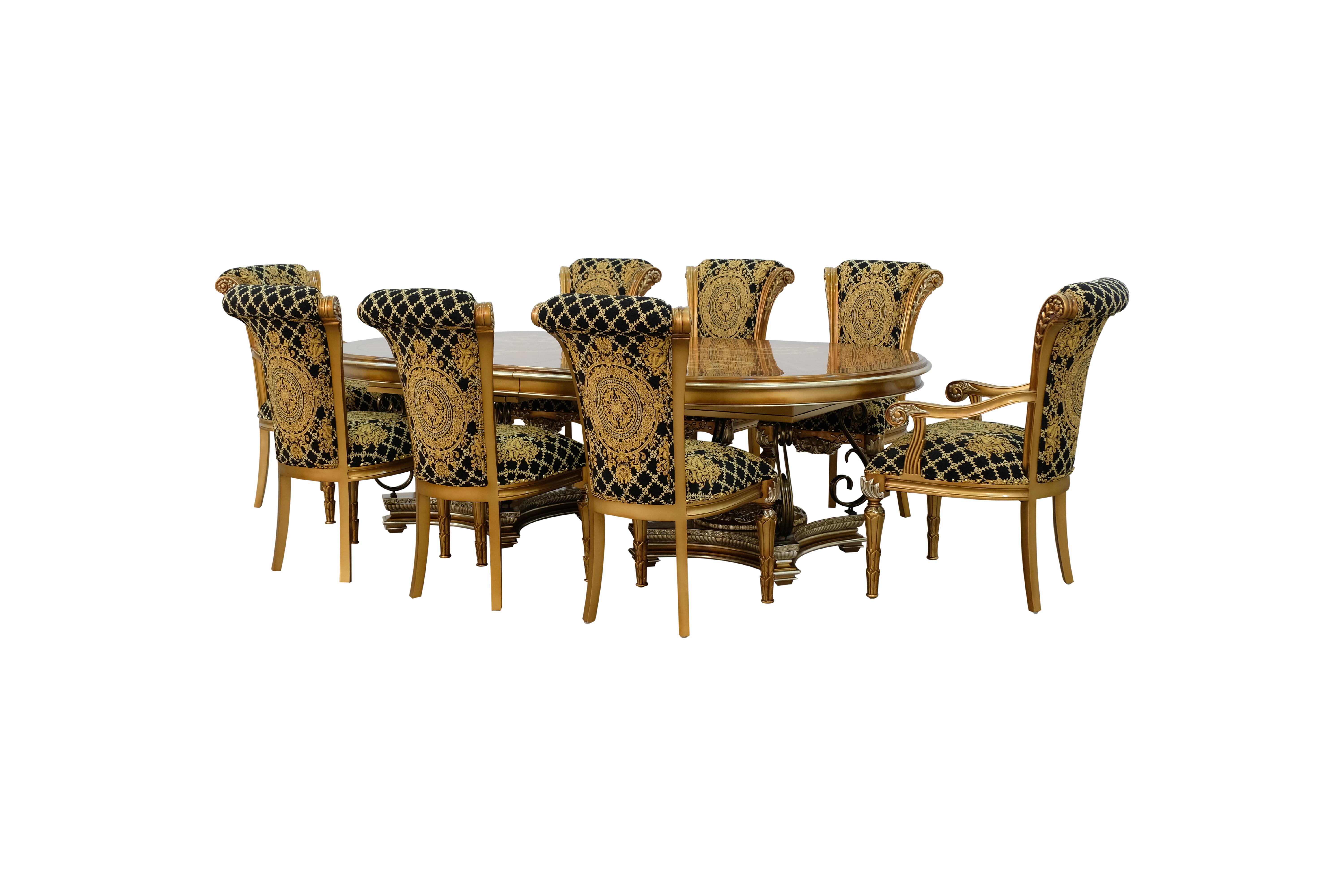 

    
Valentina Brown Oval Dining Set 9Pcs w/ Gold Black Chairs EUROPEAN FURNITURE

