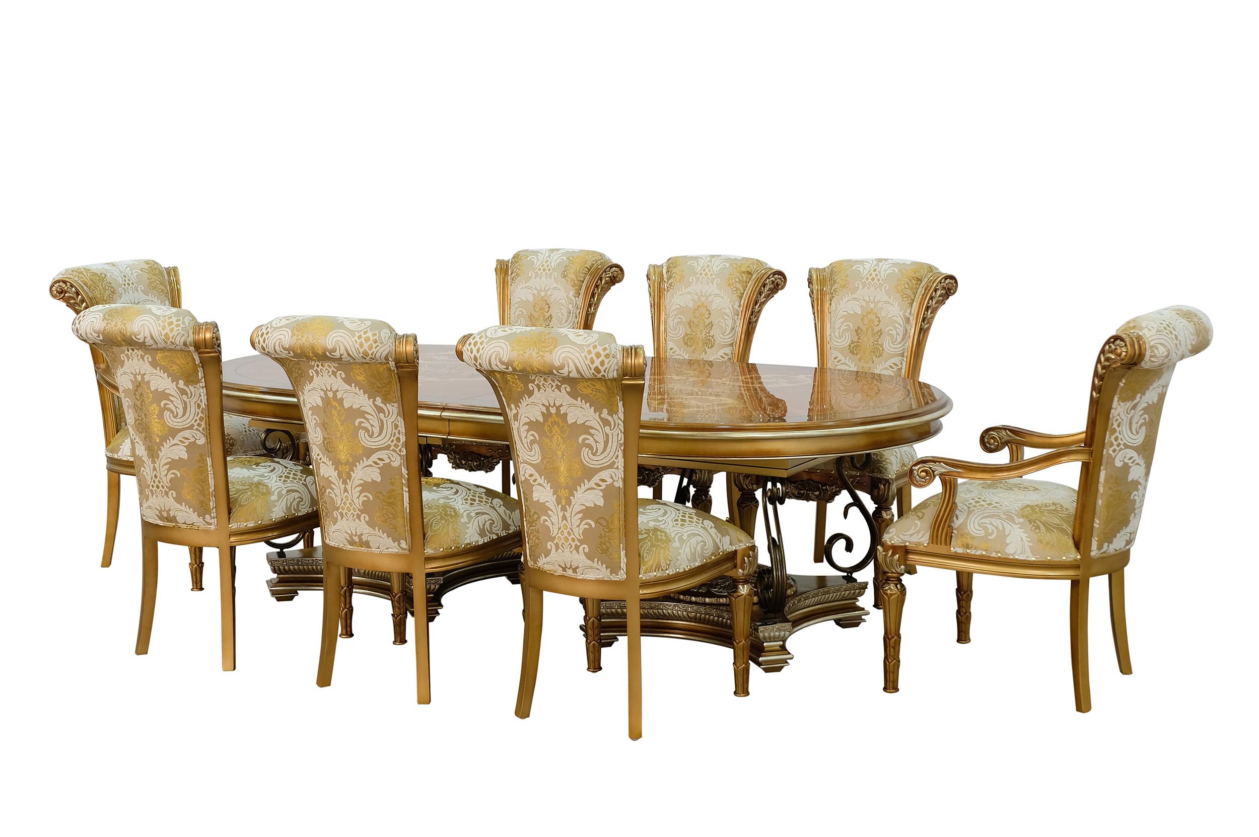 Classic, Traditional Dining Table Set VALENTINA 51955-DT-Set-9-Gold in Pearl, Ebony, Gold, Bronze Fabric