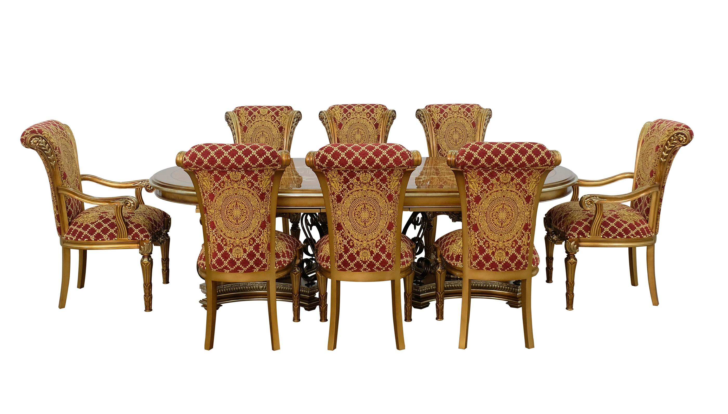 Classic, Traditional Oval Dining Table Set VALENTINA 51955-DT-9PC-Red in Ebony, Red, Gold, Bronze Fabric