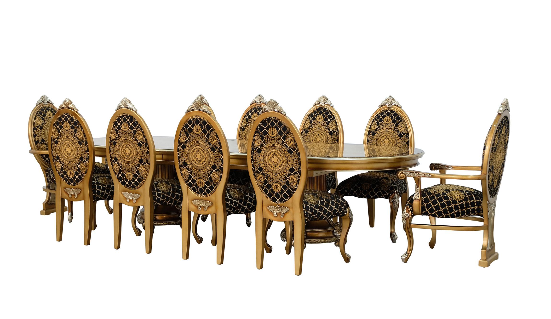 Classic, Traditional Dining Table Set EMPERADOR 42034-DT-Set-11 in Ebony, Silver, Brown Fabric