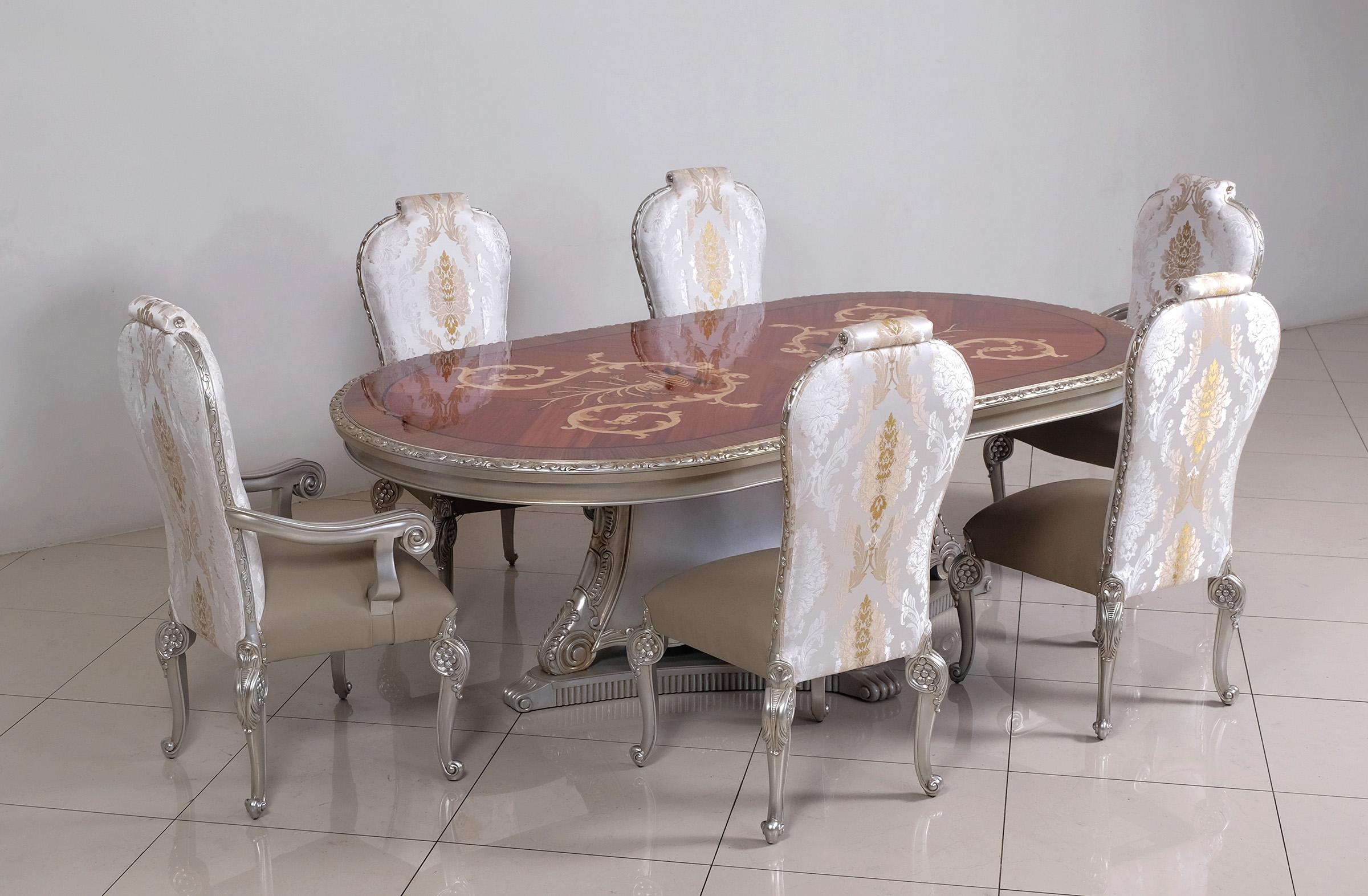 

    
Luxury Antique Silver & Ebony BELLAGIO Dining Table Set 7Pcs EUROPEAN FURNITURE
