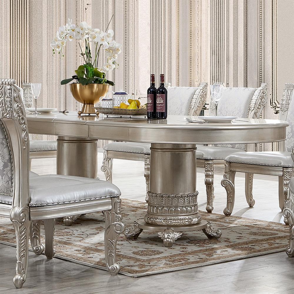 

    
Luxury Antique Silver Grey Wood Oval Dining Table Set 7Pcs Traditional Homey Design HD-5800GR
