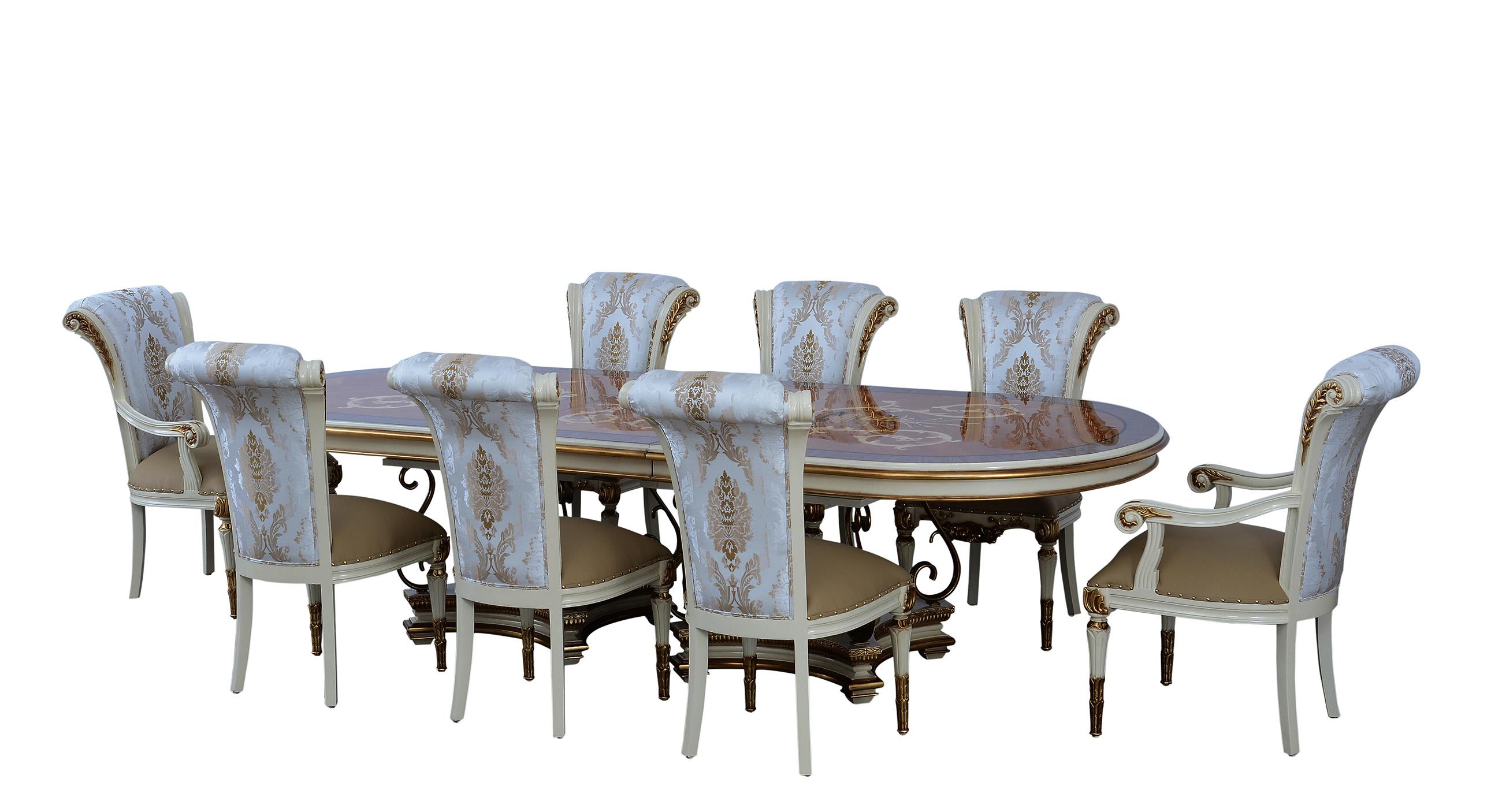 Classic, Traditional Oval Dining Table Set VALENTINA 51959-DT-9PC in Gold, Beige Leather
