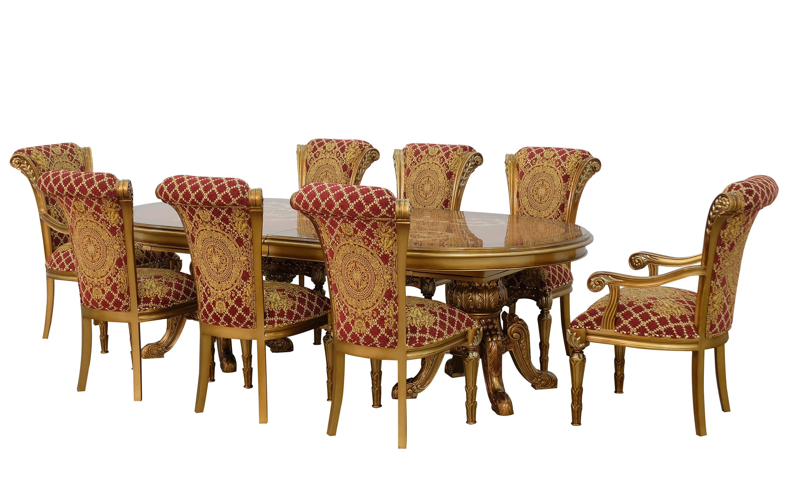 Classic, Traditional Dining Table Set MAGGIOLINI 61952-DT-Set-9-Red in Red, Gold, Bronze Fabric