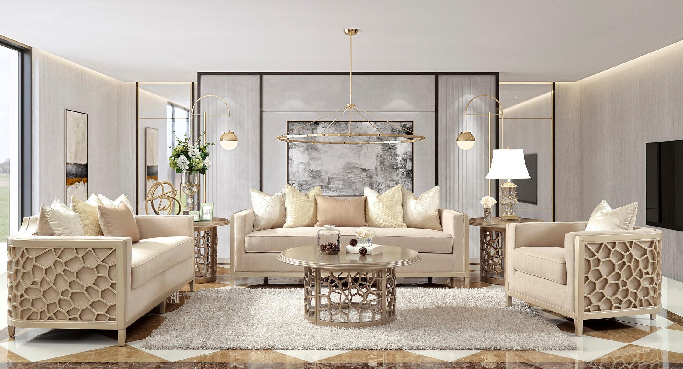 

    
Luxury Champagne Sofa Set 3Pcs Solid Wood Traditional Homey Design HD-8911

