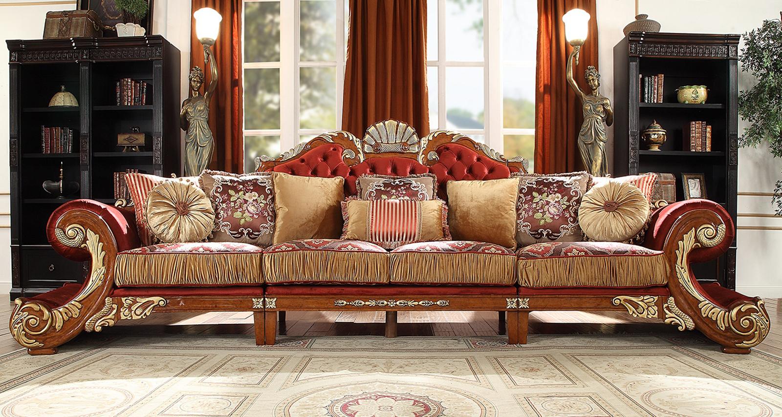 Traditional Sectional Sofa HD-2575 HD-SEC2575 in Cherry, Gold Fabric