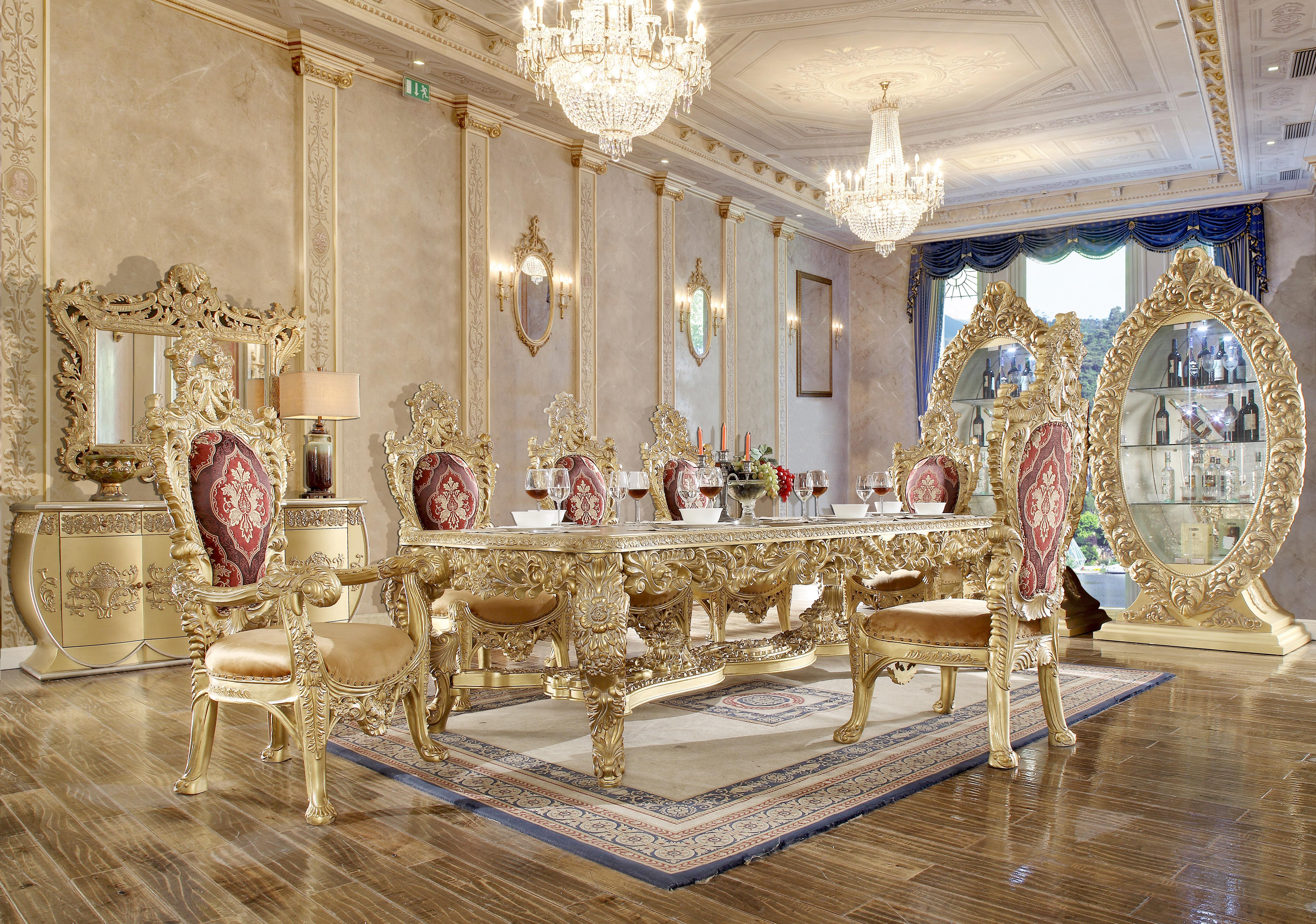 

    
Baroque Rich Gold Dining Room Set 9Pcs Traditional Homey Design HD-8086

