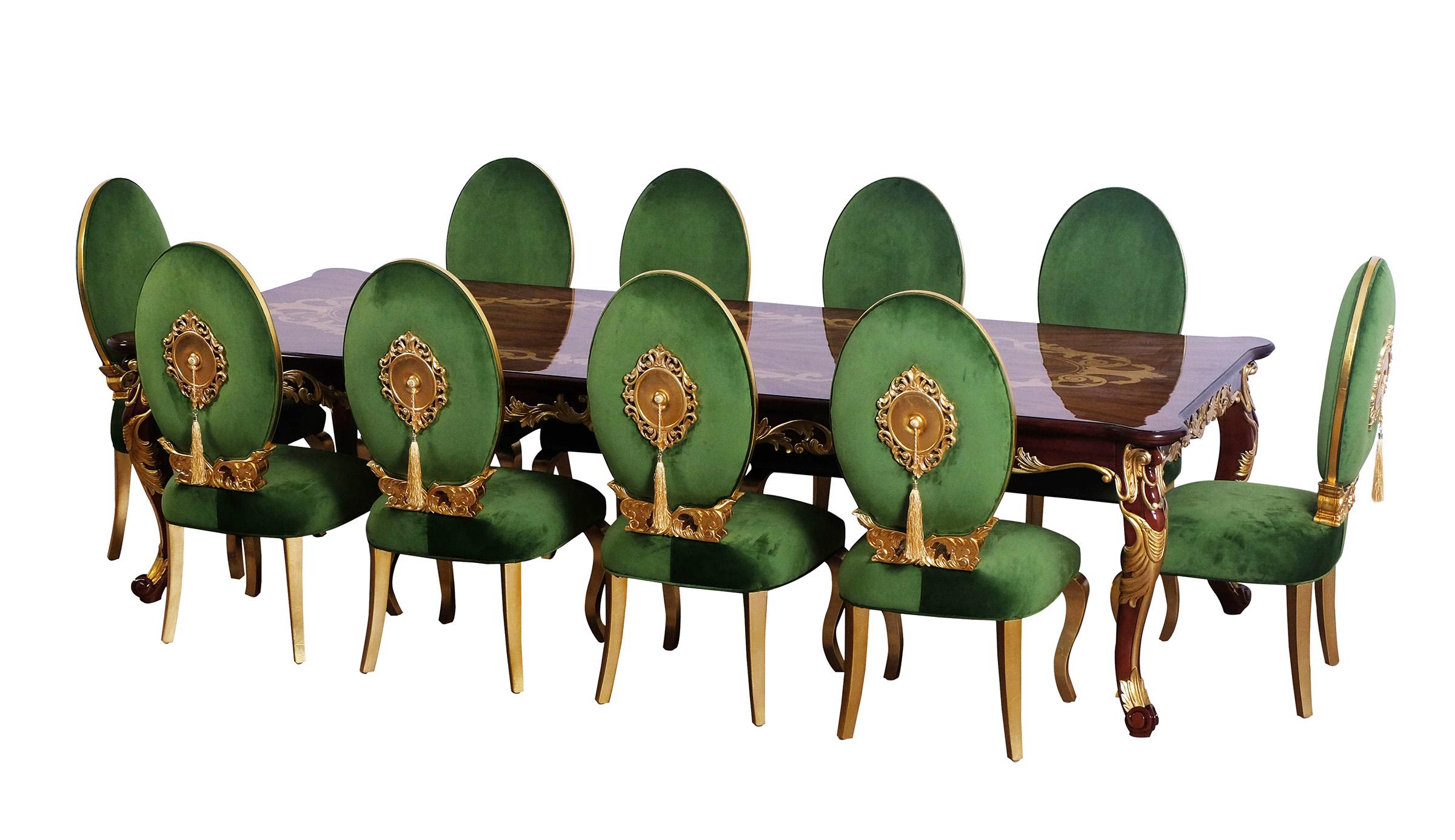 Classic, Traditional Dining Table Set LUXOR 68582-DT-11-EM in Gold, Emerald, Brown Fabric