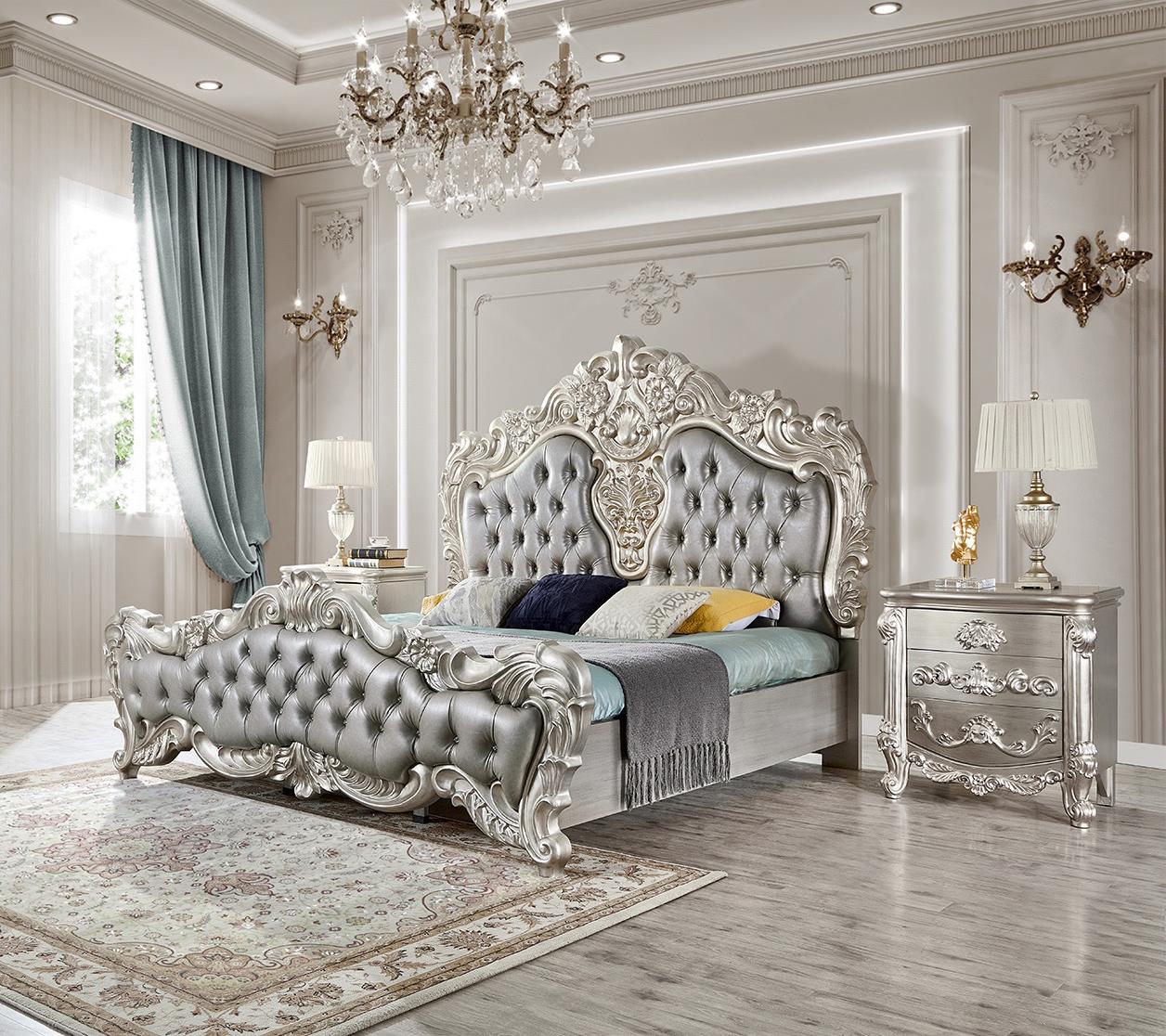 Traditional Panel Bedroom Set HD-CK5800GR HD-CK5800AS-SET-3PC in Silver Leather