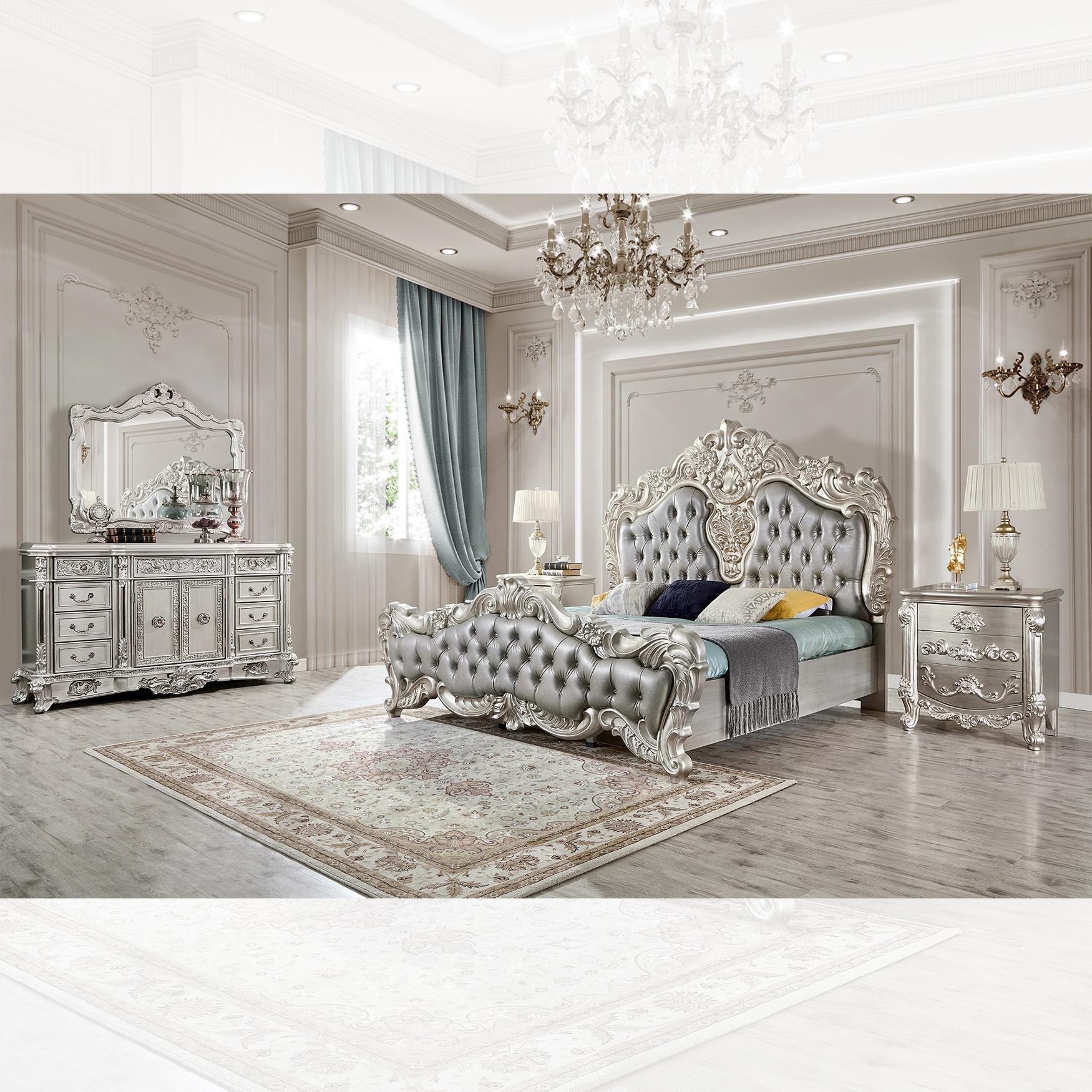 Traditional Panel Bedroom Set HD-5800GR – 5PC BEDROOM SET HD-5800-ASBSET5-CK in Silver Leather