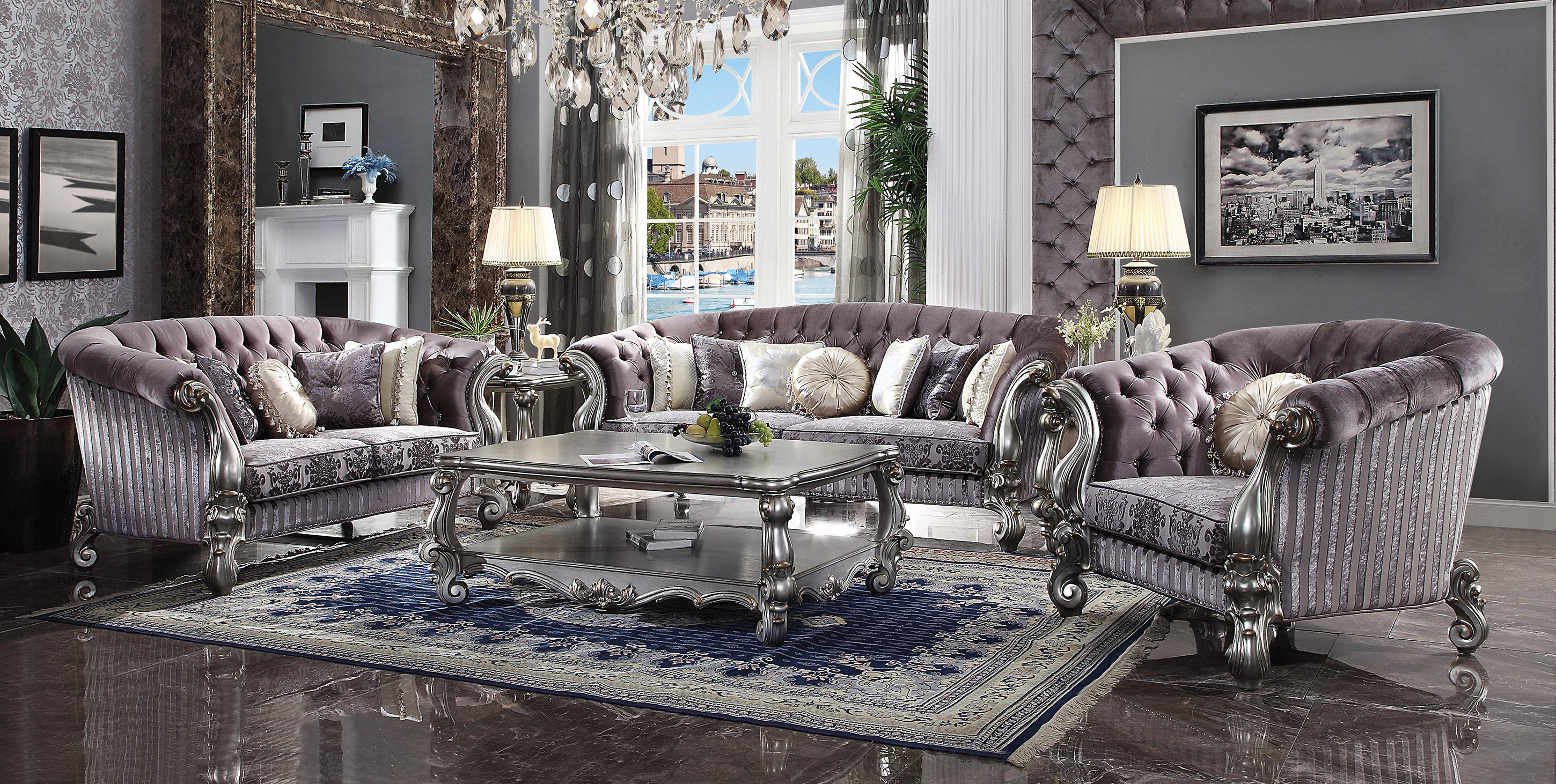 Traditional,  Vintage Sofa Loveseat Chair Versailles-56825 Versailles-56825-Set-3 in Platinum, Antique, Silver, Gray Velvet
