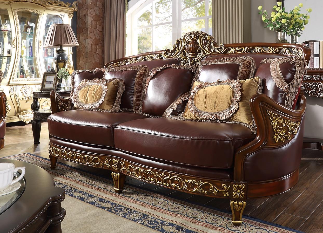 Traditional Sofa HD-89 HD-S89 in Mahogany, Brown Leather