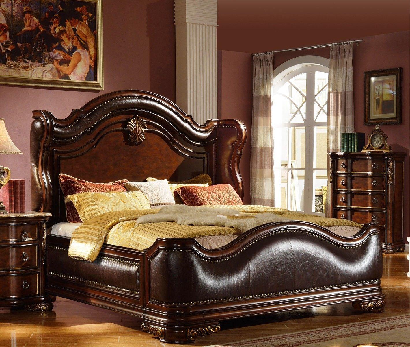 Classic, Traditional Sleigh Bed B3000 B3000- EK in Cherry Bonded Leather