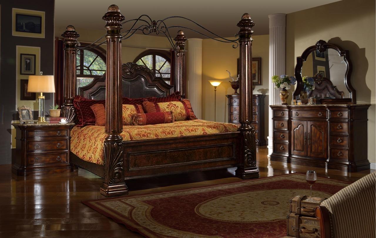Classic, Traditional Poster Bed B6005 B6005-EK in Brown Faux Leather
