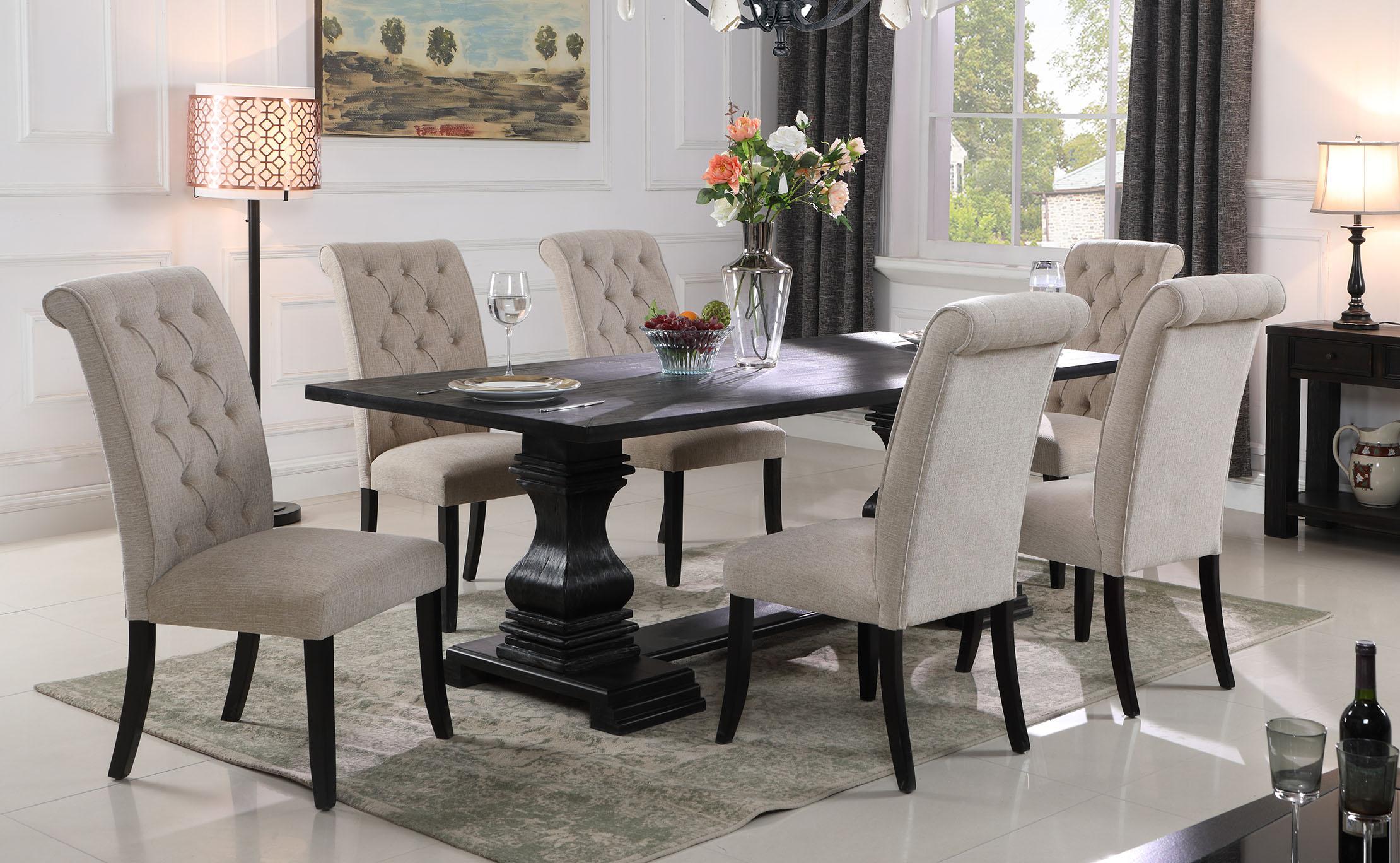 

    
Black Double Pedestal Table  & Linen Fabric Chairs Dining Set 8 Pcs McFerran D7700
