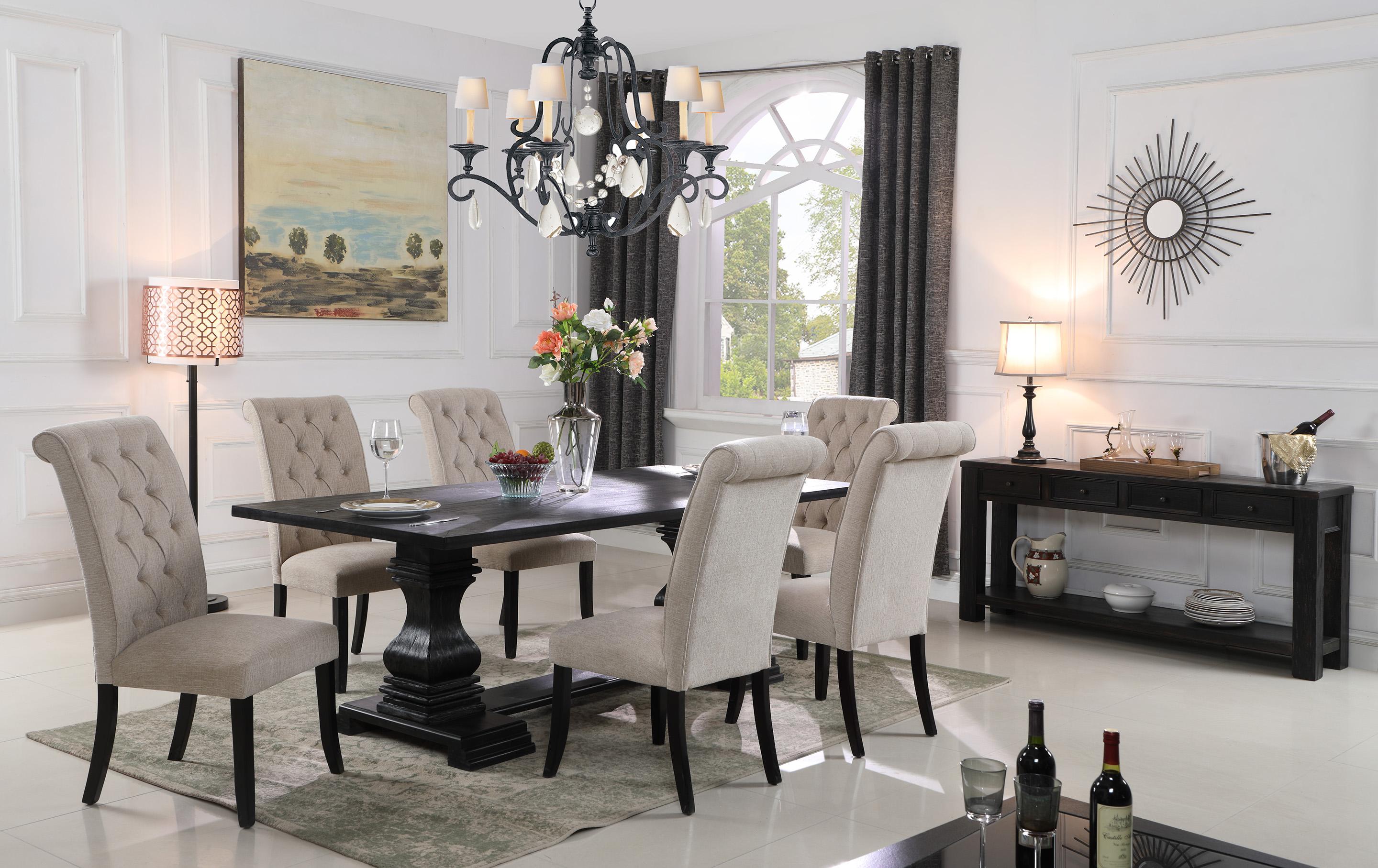 

    
Black Double Pedestal Table  & Linen Fabric Chairs Dining Set 8 Pcs McFerran D7700
