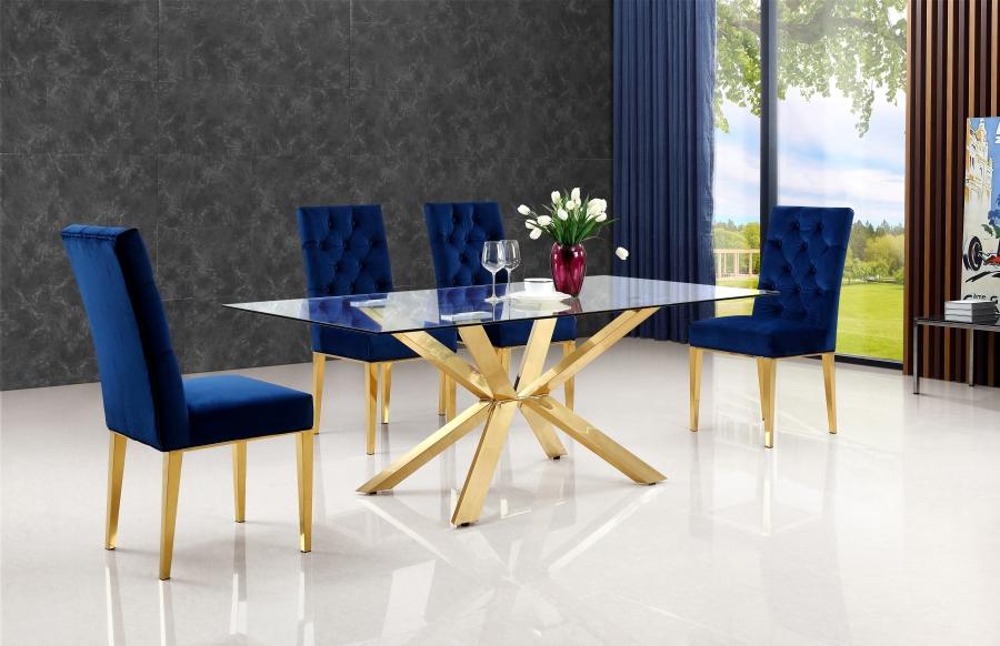 Contemporary Dining Table Set Capri 716-T-716Navy-C-Set-5 716-T-716Navy-C-Set-5 in Navy, Gold Velvet