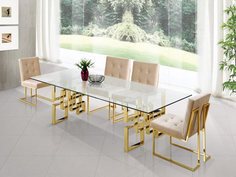 

    
Gold & Beige Glass Dining Table Set 5Pcs Pierre 714-T-714BE-C Meridian Modern
