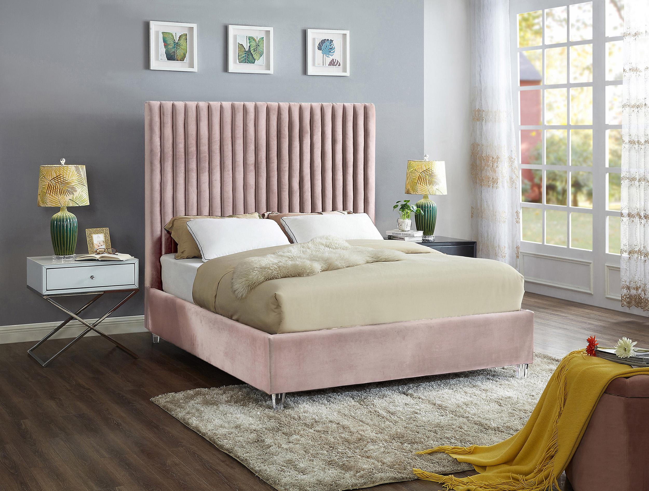 

    
Pink Velvet Channel Tufted Platform King Bed Candace Meridian Contemporary
