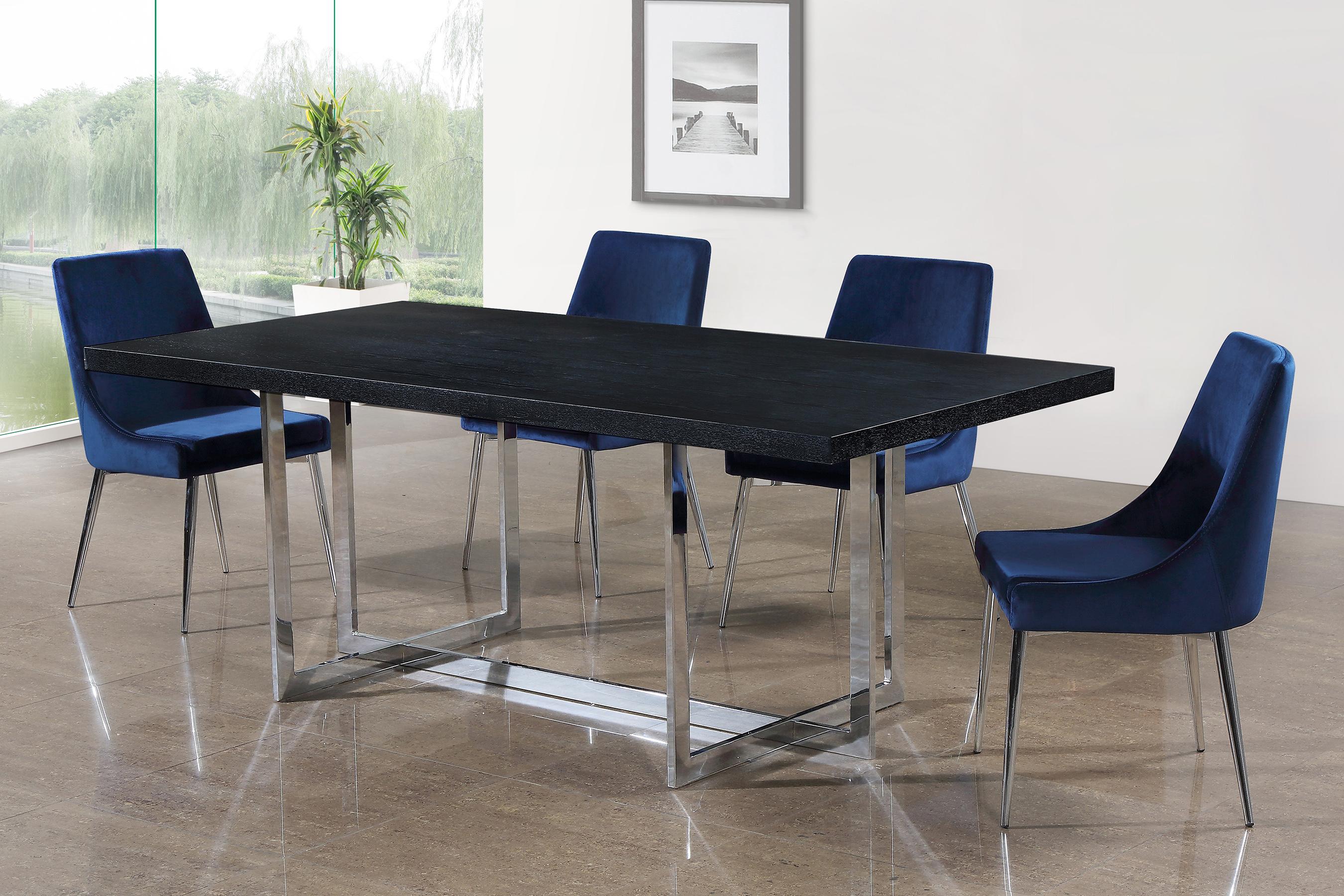 Contemporary, Modern Dining Table Set 738-T-784Navy-C 738-T-784Navy-C-Set-7 in Chrome, Navy, Black Velvet