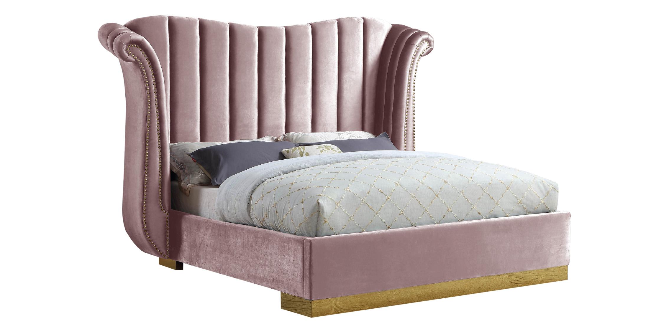Contemporary Platform Bed FLORA Pink-Q FloraPink-Q in Pink, Gold Velvet