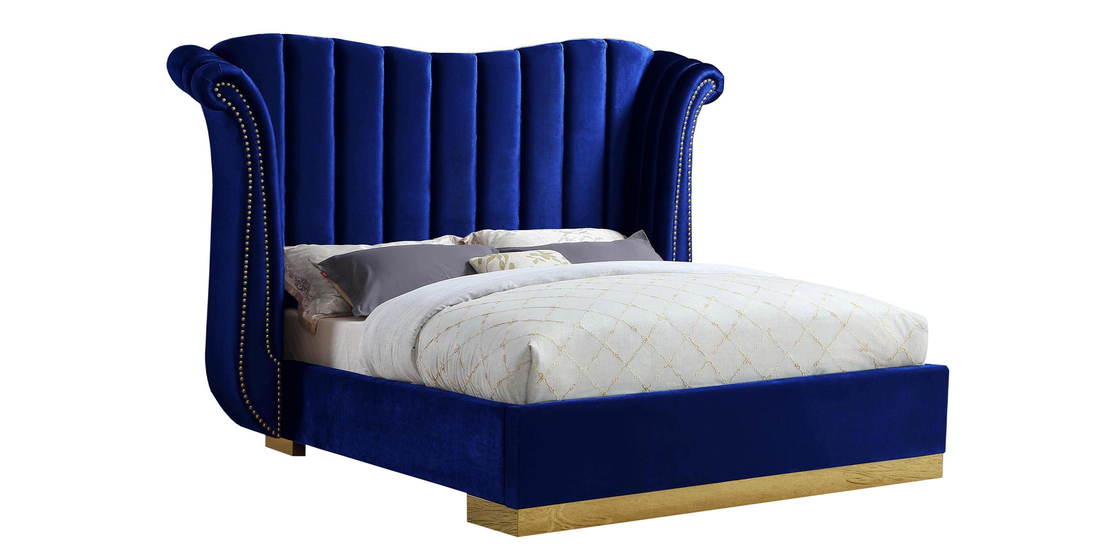 Contemporary Platform Bed FLORA Navy-Q FloraNavy-Q in Navy blue, Gold Velvet