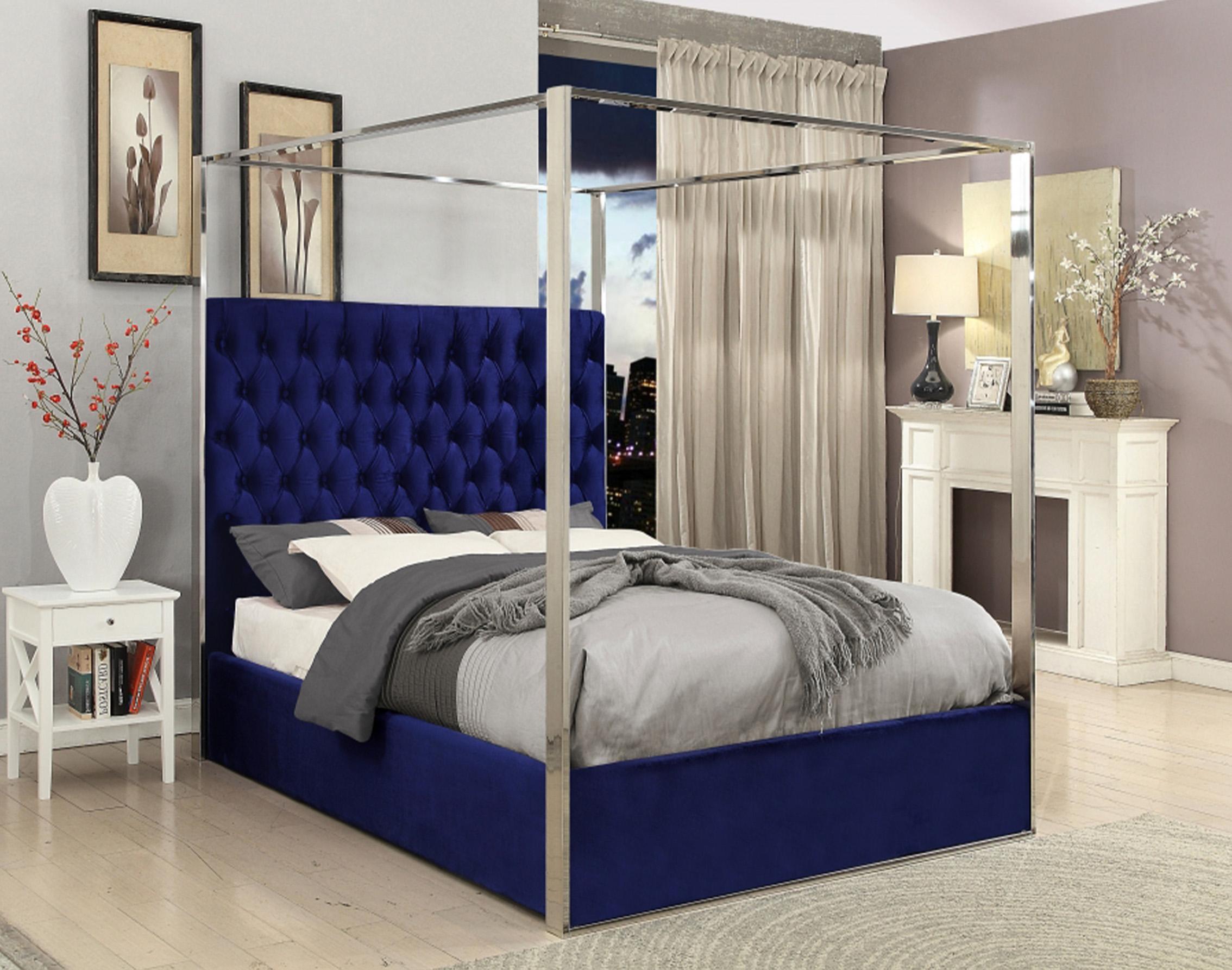 Contemporary, Modern Canopy Bed PorterNavy-K PorterNavy-K in Navy blue Velvet