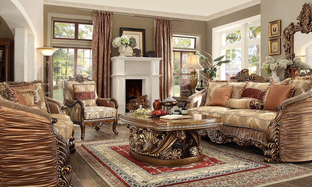 

    
Metallic Antique Gold Sofa Set 2 Pcs Traditional Homey Design HD-1601
