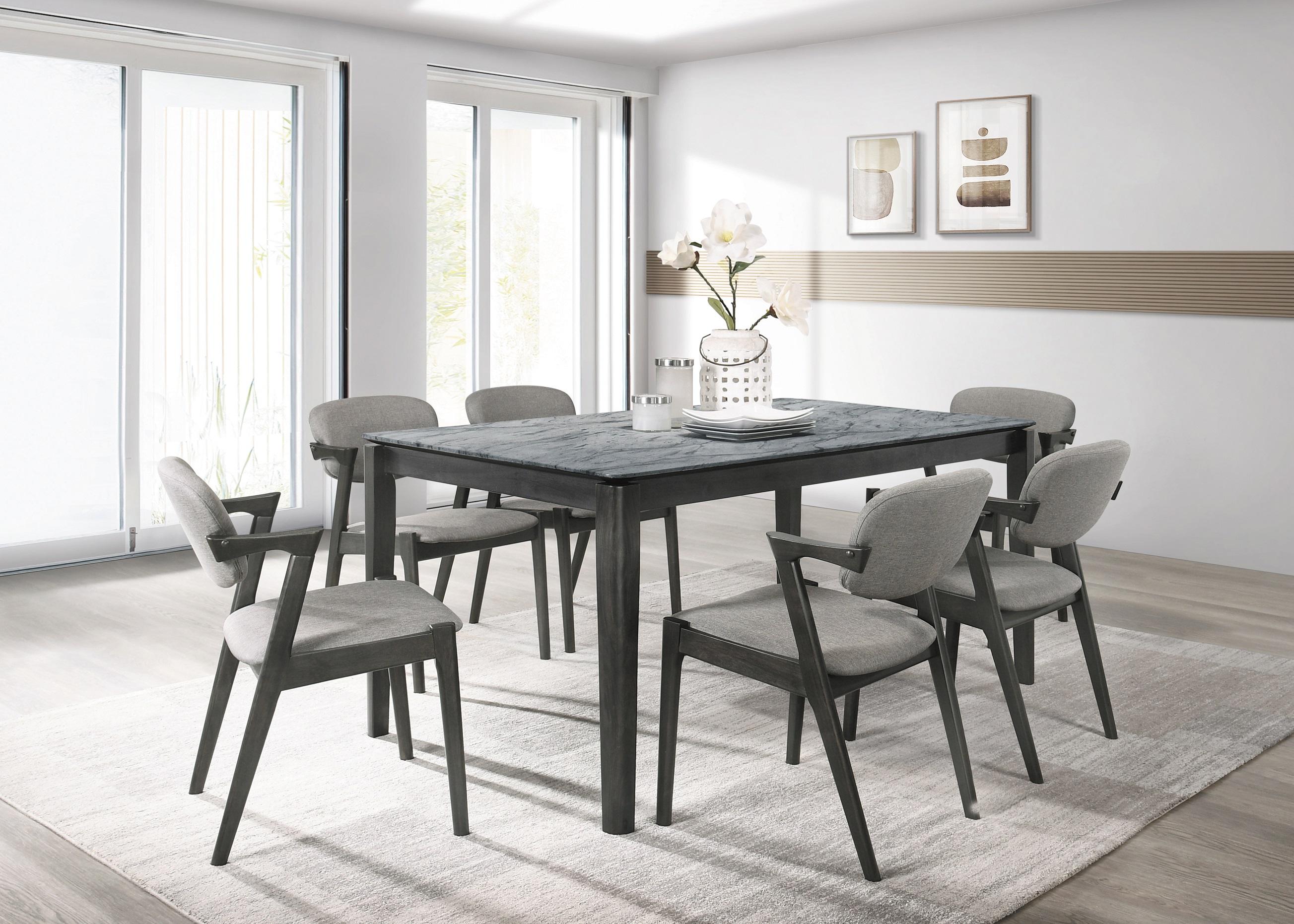 

    
Mid-century Modern Gray & Black Solid Wood Dining Room Set 5pcs Coaster 115111SLT-S5 Stevie
