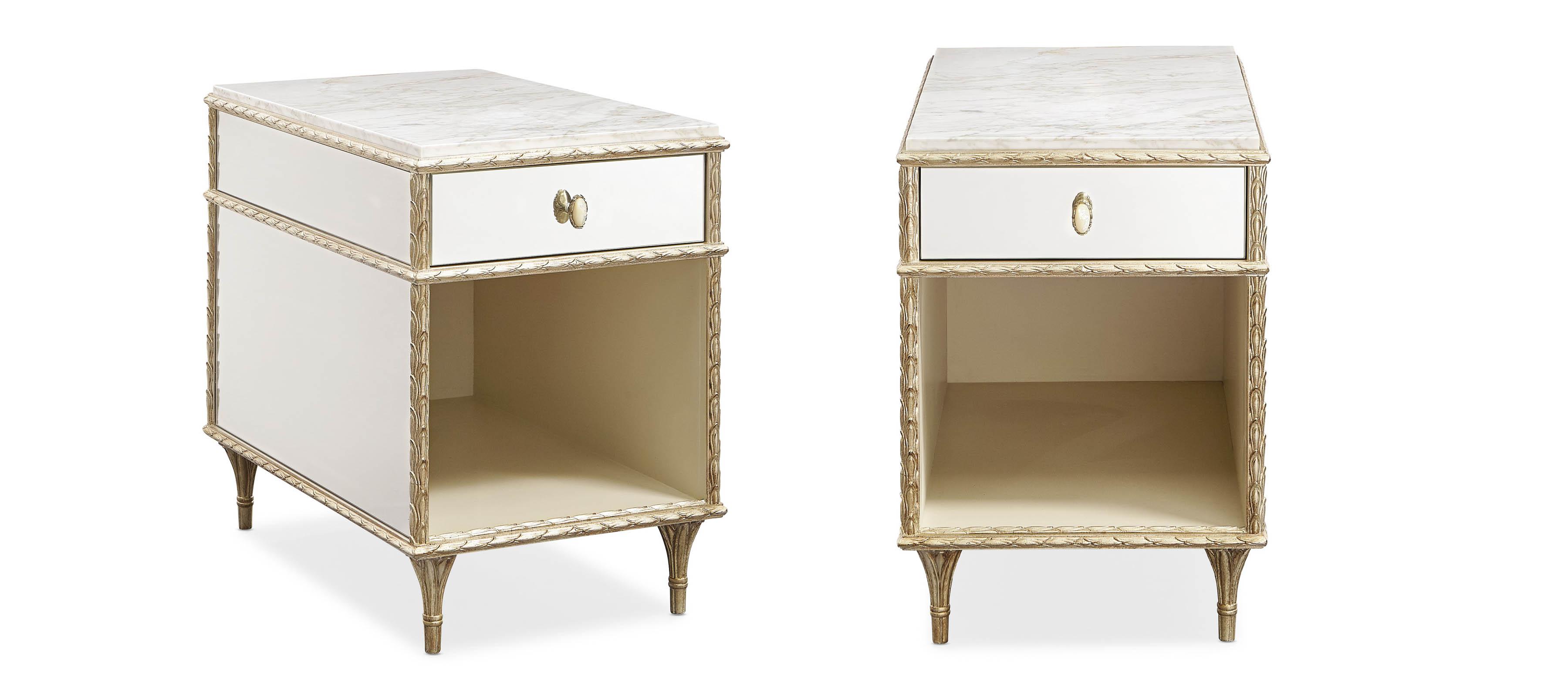 

    
Mirrored Drawer & Carrara White Marble End Table Set 2Pcs FONTAINEBLEAU by Caracole
