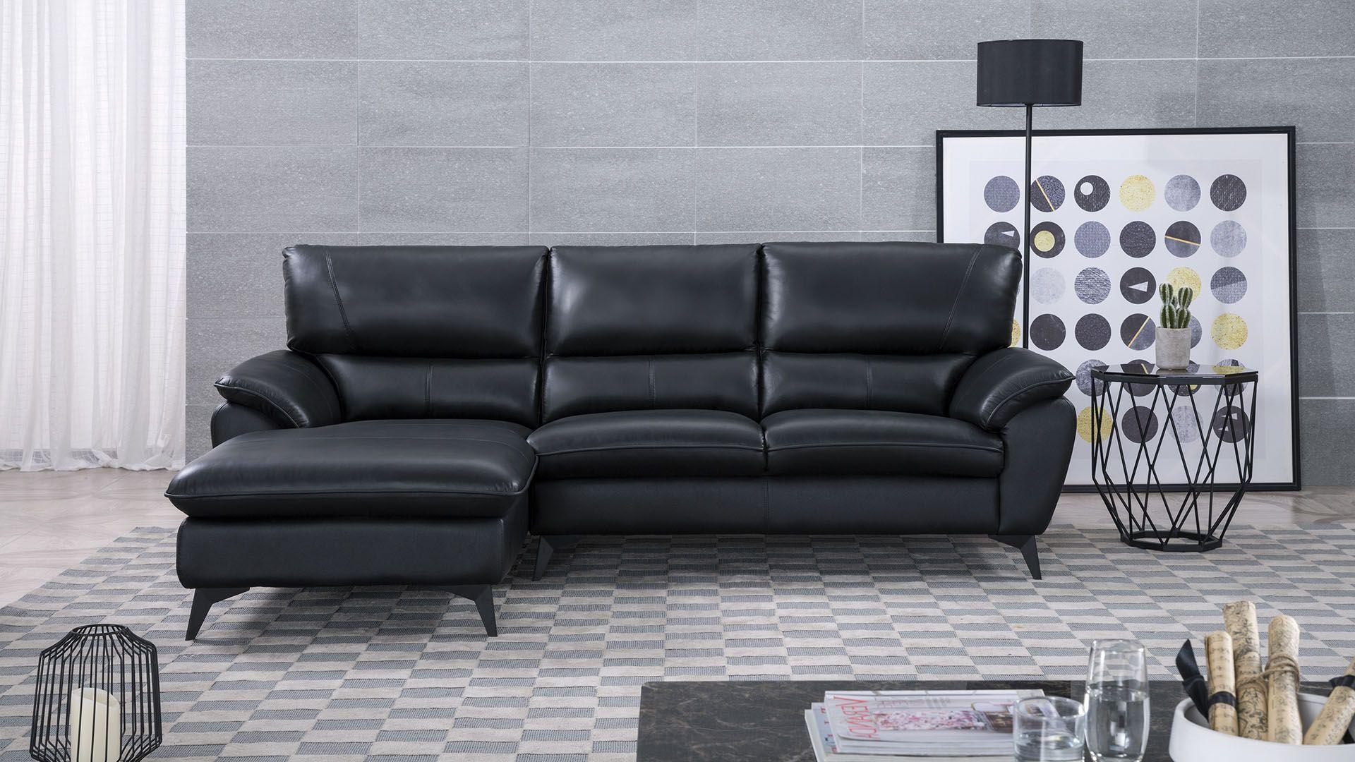 Contemporary, Modern Sectional Sofa EK-L153-BK EK-L153L-BK in Black Top grain leather
